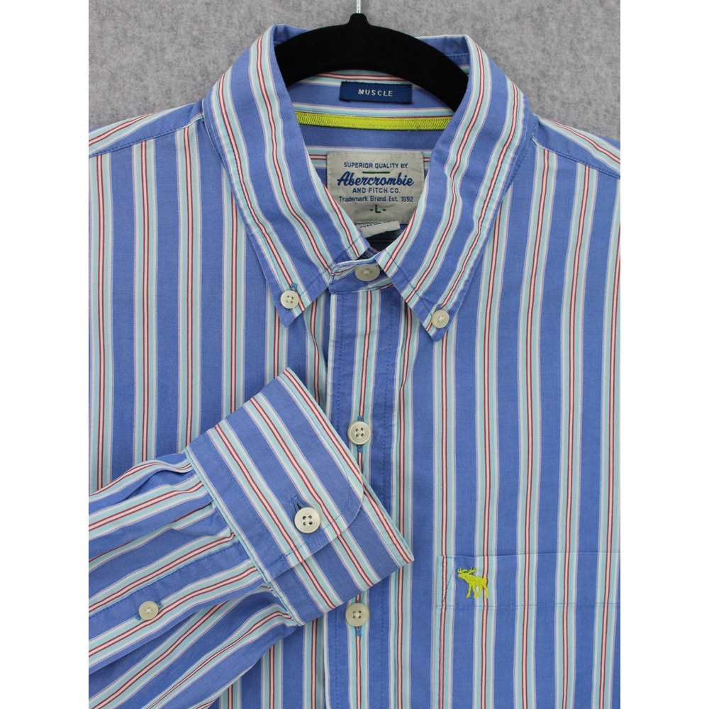 Vintage Abercrombie & Fitch Muscle Fit Shirt Mens Large Blue Striped Hong Kong